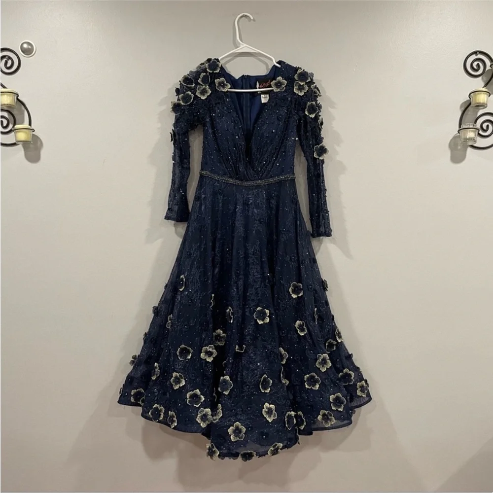 Mac Duggal 67809 Lace Floral Low V-neck Cocktail Midi Dress Gown Midnight 4 - Picture 3 of 10